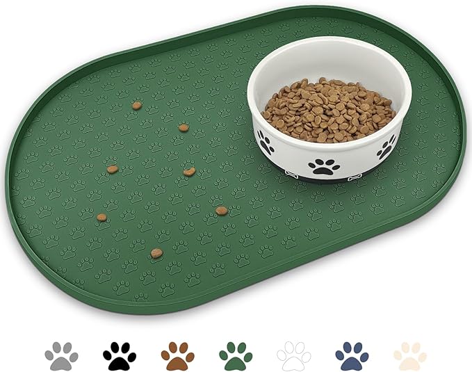 KPWACD Pet Placemat for Dog and Cat, Anti-Slip Waterproof Dogs Feeding Bowl Mat Prevent Food and Water Overflow, Silicone Puppy Dish Mats Suitable for Small Medium Big Pets, Hunter Green, 19" * 12"