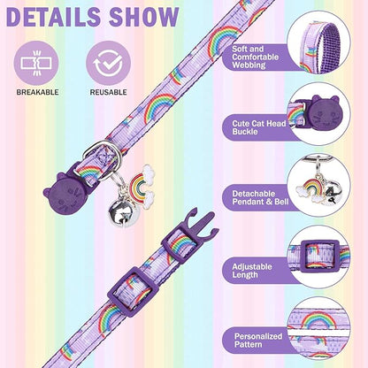 SCENEREAL Cat Collar with Bells, 2 Pcs Breakaway Cat Collars with Adustable Bowtie, Safety Kitten Collar for Boy Girl Cats Puppy, Cute Spring Summer Rainbow & Floral Pet Collar, Green & Purple