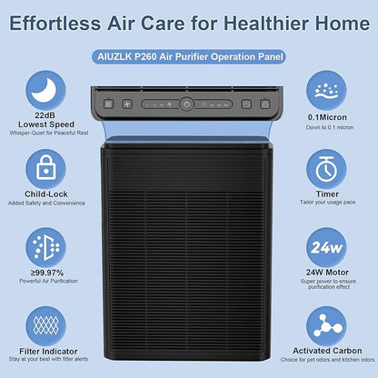Air Purifiers for Home Large Room Up to 2000 Ft² with Washable Filters, AIUZLK H13 HEPA Filter,Bedroom Air Purifier for Pet,Air Cleaner for Smoke Pet Hair Dander Odor,P260 Black (Black)