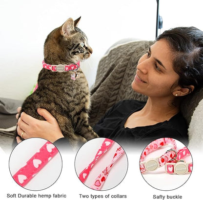 Valentine's Day Cat Collar,2 Pack Cat Collars Breakaway with Bell, DOGWONG Safety Buckle Cat Collar Blue Heart for Girl Boy Cats and Small Dogs，Adjustable 7-12 Inch,Pet Supplies Accessories