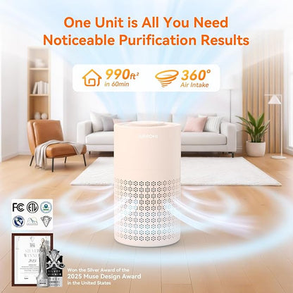 AIRROMI Air Purifier for Bedroom with HEPA 3-in-1 Filter, Pet Air Purifier for Home Cat Pee Smell, Covers Upto 990 Ft², Quiet 360°intake Air Cleaner for pet hair,allergies,Dust,Smoke A2001 Orange