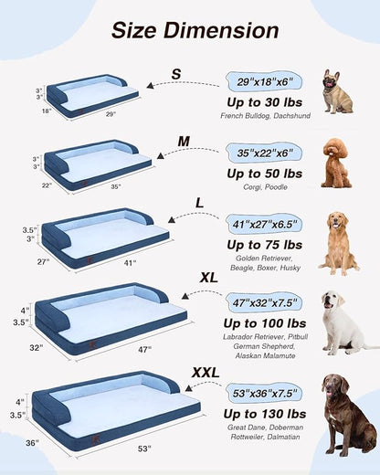 KSIIA Washable Dog Bed Large Sized Senior Dog, Orthopedic Warm Soft Pet Sofa Waterproof Pet Couch with Sides, Non-Slip and Egg-Crate Foam Big Beds with Removable Cover, 35x22Inch, Blue