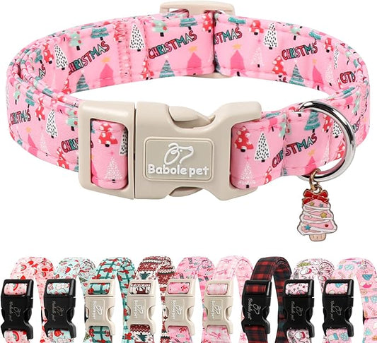 Christmas Dog Collar for Giant Large Dogs - Cute Xmas Tree Print Pink Christmas Collars for Dogs, Soft Adjustable Winter Holiday Dog Collars with Quick Release Buckle XL
