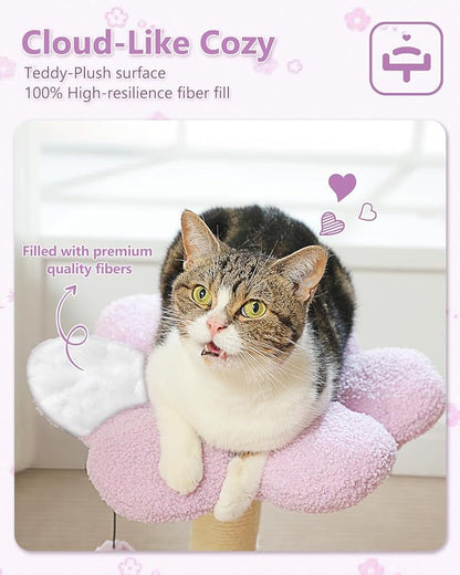Flower Cat Scratching Post, 28" Cute Cat Tree Tower for Indoor Cats with Large Hammock Soft Perch Bed, Replaceable Toy Ball for Kittens, Purple