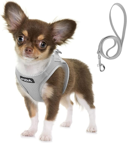 Fida Comfy Dog Harness with Leash, Soft Puppy Vest Escape Proof, Breathable Lightweight Soft Mesh, Adjustable Reflective Step-in Harness for Cat & Extra-Small Pet (XS, Grey)