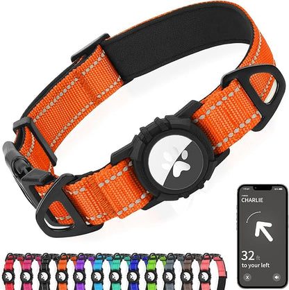 Joytale Airtag Dog Collar, Reflective Pet Collar with Waterproof AirTag Holder, Dual D-Rings, Soft Padded Adjustable for Extra Small and Puppy Dogs, Orange, XS