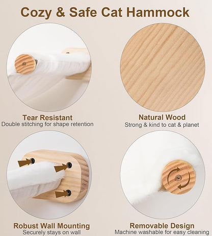 Cat Wall Hammock Set of 4 – 1 Floating Fabric Hammock, 2 Ladders with 4 Steps Each & 1 Flat Shelf – Wall Mounted Cat Bed Furniture Indoor Playground