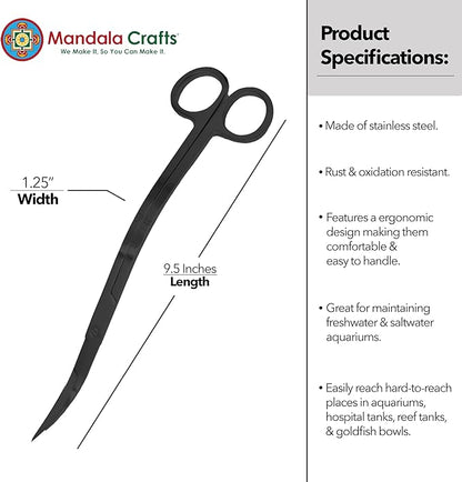 Mandala Crafts Extra Long Black Stainless Steel Curved Aquarium Scissors for Trimming Aquatic Plants – Wave Aquascape Scissors for Fish Tanks, Hospital Tanks, Goldfish Bowls, Aquariums, and Terrariums