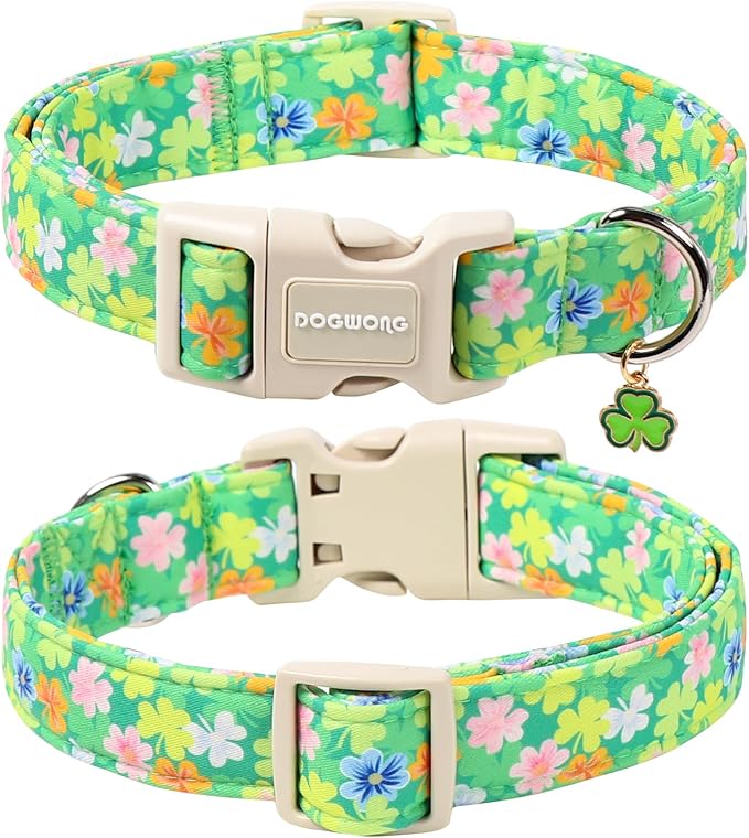 DOGWONG St. Patrick Dog Collar, Comfortable Adjustable Green Clover Pattern Dog Collar for Small Male Female Dogs,XS