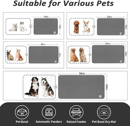 Dog Food Mat - Absorbent Cat Mat for Food and Water, No Stains Pet Feeding Bowl Mat, Easy to Clean Pet Placemats, Quick Dry Dog Water Dispenser Mat for Messy Drinkers | Paw Dark Grey 24"x 36"
