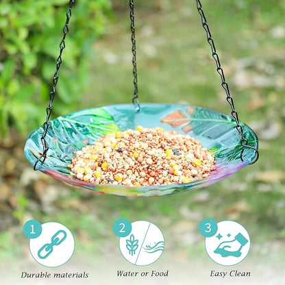 VCUTEKA Glass Hanging Bird Bath for Outdoors, BirdBaths with 21-Inch Rust-Proof Chain, Garden Yard Decor, Flamingo Pattern
