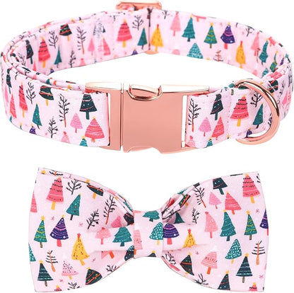 Christmas Dog Collar, Pink Christmas Tree Soft Comfortable Collars with Bow Adjustable Pet Collar with Premium Metal Buckle Dog Necklace for Medium Girl Dogs