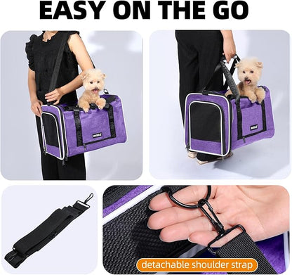 Top Open Medium Pet Carrier Roll Up Flap for Anxious Cat, Soft-Sided Small Pet Travel Crate Vet Friendly, Little Animal Yorkie Kennel Bag Suitcase Luggage Sleeve, 18x11x11 Inch Purple