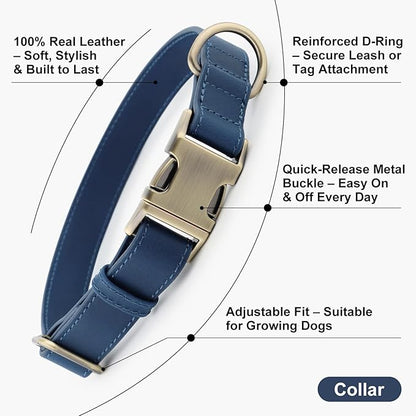 Plutus Pet Genuine Leather Dog Collar – Adjustable Pet Collar with Quick Release Metal Buckle, Soft Real Leather for Small Medium Large Dogs, Heavy Duty & Skin-Friendly (Royal Blue, M)