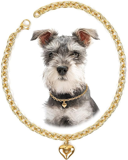 HOWWFALY Dog Collar and Cat Chain Necklace Stainless Steel Adjustable 18K Gold Heart-Shaped Necklace for Small Pets Cats Kitten Puppy (Gold, 12 inch)