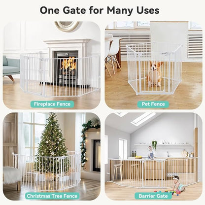 COMOMY 127.8" Extra Wide Baby Gate, Dog Gate for House Stairs Doorways Fireplace, Auto Close Pet Gate with Door Walk Through, 5 Metal Panels, Hardware Mounted Baby Fence Indoor Outdoor(30" Tall,White)