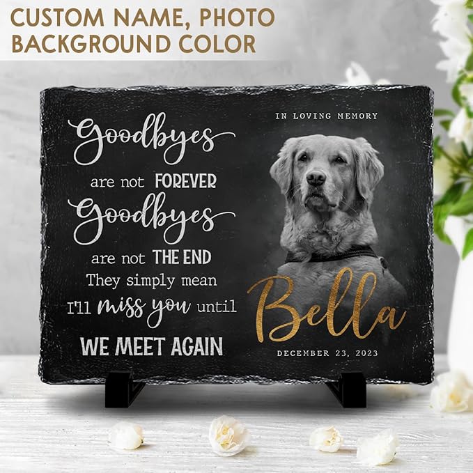 Custom Rectangular Memorial Stone - 'Goodbyes are Not Forever' - Dog House Outdoor Garden Decor, Photo Design - Meaningful Gifts for Cat Lovers Mourning a Pet