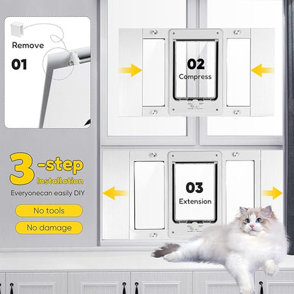 Full-Size Window Pet Door for Cats & Small Dogs, Width Adjustable Fits Sliding Windows, 10-Min Install, Aluminum Frame, HD High-Transparency Glass, Weatherproof Design, Magnetic Close