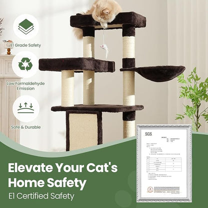 Cat Tree, 50.31-Inch Cat Tower for Indoor Cats, Cat House with Padded Platform Bed, Toy Mouse Ball, Large Cozy Condo, Hammocks and Sisal Scratching Posts for Kittens Play, Brown