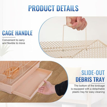 FDW 39 Inch Bird Cage Parakeet Cage with Play Top Rolling Stand & Easy Clean Pull-Out Tray Roof Top Parrot Cage for for Finches Canaries Parakeets Cockatiels & Other Small Birds, Almond