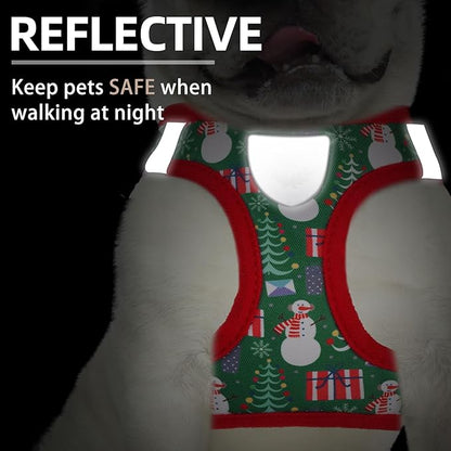 PUPTECK Adjustable Dog Harness Collar and Leash Set Step in No Pull Pet Harness for Small Medium Dogs Puppy and Cats Outdoor Walking Running, Soft Mesh Padded Reflective Vest Harnesses, Christmas, S