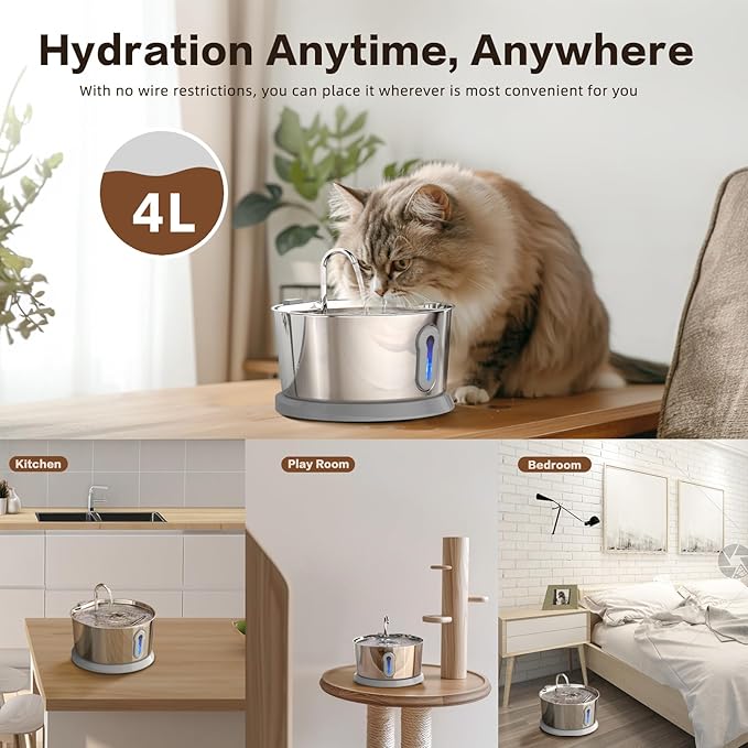 Battery Operated Cat Water Fountain Wireless, 4L/135oz Stainless Steel Pet Fountain for drinking Dog Water Dispenser Cordless with Motion Sensor, Ultra-Quiet Pump & for Cats Inside, Dog, Multiple Pets