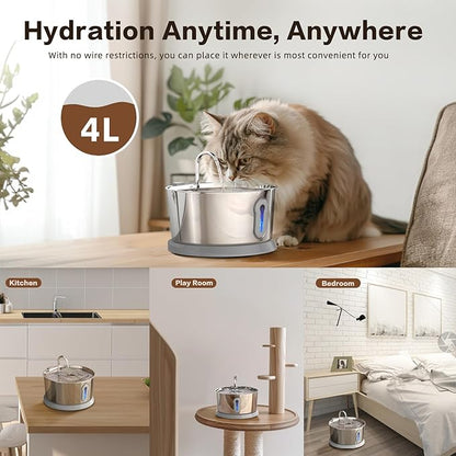 Battery Operated Cat Water Fountain Wireless, 4L/135oz Stainless Steel Pet Fountain for drinking Dog Water Dispenser Cordless with Motion Sensor, Ultra-Quiet Pump & for Cats Inside, Dog, Multiple Pets