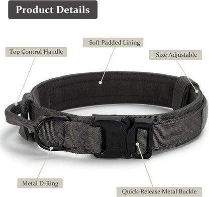 Tactical Dog Collar, Adjustable Military Training Nylon Dog Collar with Control Handle and Heavy Quick-Release Metal Buckle for Small Medium Large Dogs, Grey M