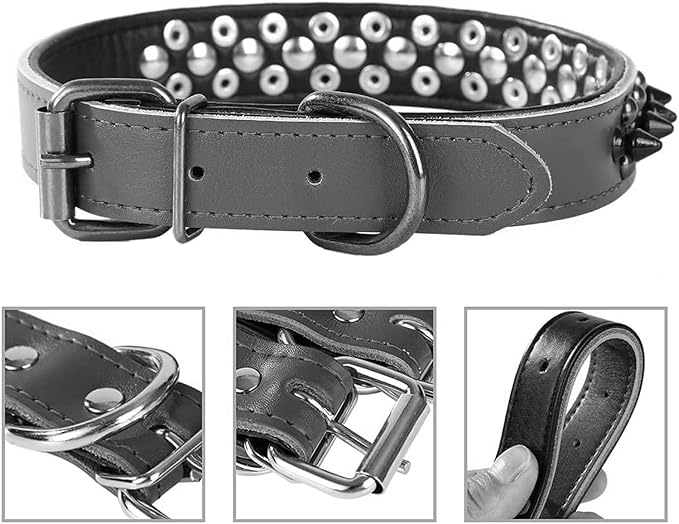 Spiked Studded Dog Collar, Genuine Leather Dog Collar, Adjustable Pet Collars for Medium Large Bulldog Pitbull Mastiff Poodle Boxer (S:27-33cm, Pink-1)