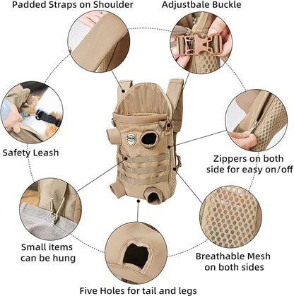FLAdorepet Dog Carrier Tactical Backpack for Small Medium Dogs,Soft Hands-Free Legs Out Pet Front Cat Dog Carrier Backpack Travel Bag for Outdoor Traveling Hiking Camping (Large, Khaki)