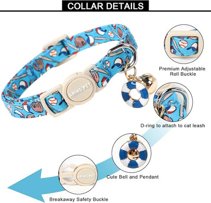 ARING PET 2 Pack Cat Collar-Cute Kitty Collars with Bell & Pendant, Adjustable Dinosaur&Baseball Kitten Collars with Safety Buckle for Girl and Boy Pets