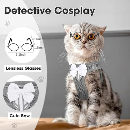 Cat Vest Harness and Leash Set for Walking Escape Proof, Adjustable Kitten Harness Breathable Mesh with Reflective Strips Harness for Kitty Puppy Bunny (Grey,XS)