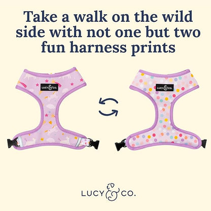 Lucy & Co. Cute Reversible Dog Harness Walking Halter - Best Designer Pet Harnesses for XS - XL Dogs - Padded Adjustable Vest for Easy Walking (Large, Unicorn Magic - Purple & Pink Unicorns)