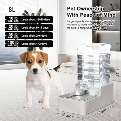 RIZZARI Stainless Steel Pet Water Feeder: 8L Large Gravity Waterer, Less Refills for Busy Owners - Leak-Proof Auto Refill - Anti-Tip Base - No Filter - for 20-35 LB Dogs - Multi-Pet/Home/Travel