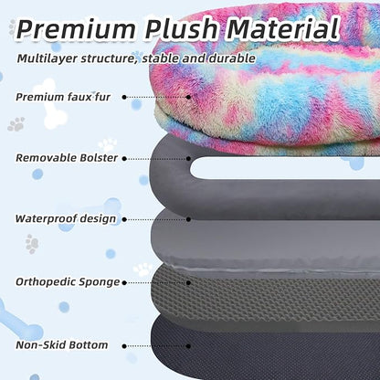 Human Dog Bed, 71''x45''x12'' Size Fits You and Pets, Washable Faux Fur Pet Bed for People Doze Off, Napping Orthopedic Dog Bed, Present Plump Pillow, Blanket, Strap - Rainbow