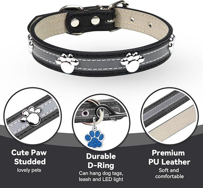 PETCARE Reflective Dog Collar with Cute Paw Rivet Studded Funny Soft PU Leather Adjustable Puppy Dog Collars for Small Medium Large Dogs Cats (Black,Small)