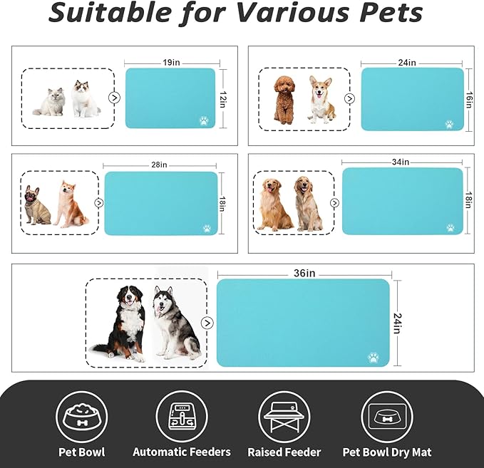 Dog Food Mat - Absorbent Cat Mat for Food and Water, No Stains Pet Feeding Bowl Mat, Easy to Clean Pet Placemats, Quick Dry Dog Water Dispenser Mat for Messy Drinkers | Paw Teal 12"x 19"