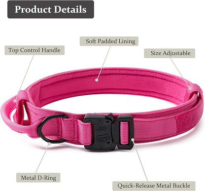 Tactical Dog Collar, Adjustable Military Training Nylon Dog Collar with Control Handle and Heavy Quick-Release Metal Buckle for Small Medium Large Dogs,Pink XL