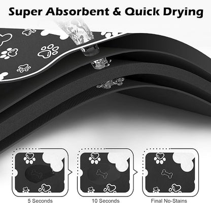 Dog Cat Food Mat,Rapid Absorbent Pet Feeding Mat, Bone Shaped Dog Placemat Water Bowl Mat with Rubber Backing,No Stains Dog Cat Food Mats Indoor, Pet Accessories Supplies 16"×24" Black