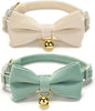 Soft Corduroy Cat Collar, Plaid Pattern, with Bell and Bowtie, Quick Release,Safety Breakaway Clasp, Adjustable for Kitten and Cats.(White+Green)