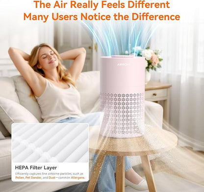 AIRROMI Air Purifier for Bedroom with HEPA 3-in-1 Filter, Pet Air Purifier for Home Cat Pee Smell, Covers Upto 990 Ft², Quiet 360° intake Air Cleaner for pet hair,allergies,Dust,Smoke A2001 Pink