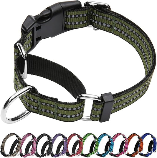 Martingale Dog Collar, Adjustable Nylon Reflective Collar with Quick Release Buckle (Forest Green, Large)