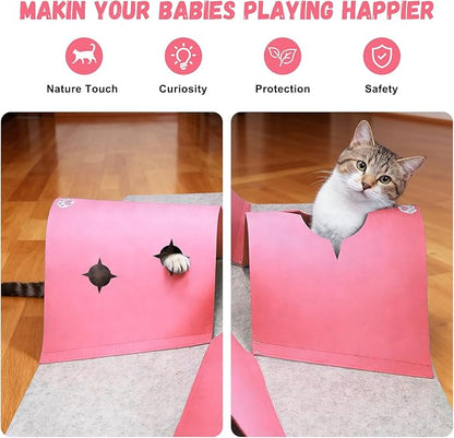 Interactive Cat Tunnel Mat for Indoor Cats, 4-Way Felt Cat Cave with Hanging Ball, Foldable Kitty Play Mat and Hideout, Pet Enrichment Toy for Kittens Rabbits Small Pets, Pink