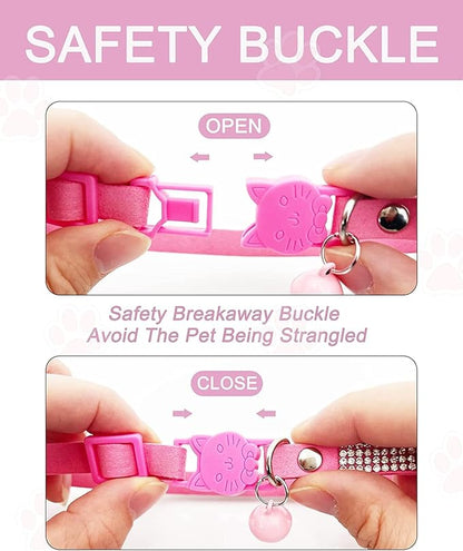 Solmoony Breakaway Cat Collars with Bell,Adjustable Safe Kitten Collar,Cat Collars for Girl Cats with Rhinestone Soft Velvet (Pink1)