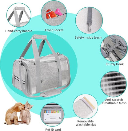 Large Cat Carrier Dog Carrier, Pet Carrier for 2 Cats Large Cats, Dog Carrier for Medium Small Dogs, Collapsible Soft Sided Pet Carrier for Dogs Puppy of 25 Lbs, Grey