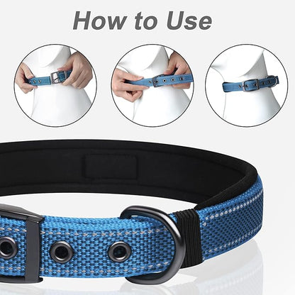 PetiFine Dog Collars for Medium Dogs, Neoprene Padded and Adjustable, Reflective Wide Heavy Duty Pet Collars with Durable Metal Belt Buckle for Walking, Blue, M