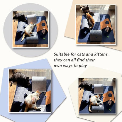Cat Tunnel Mat for Indoor Cats,4-Way Felt Cat Tunnel Play Mat with Feathers & Bell 6 Pcs Interactive Cats Enrichment Toys Set Foldable Kittens Cave Hideout for Pet Hide & Seek(Navy Blue)