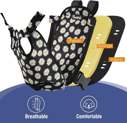 Pawaboo Adjustable Dog Carrier Purses, Pet Front Cat Travel Bag Dog Carrier Purses for Traveling Hiking Camping, Legs Out, Easy-Fit for Small Medium Dogs, M, Black Daisy