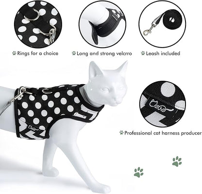 Cat Harness and Leash for Walking Escape Proof, Adjustable Cat Vest Harness, Padded Stylish Cat Walking Jackets, Polka Dot Black, XX-Large