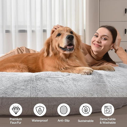 Human Dog Bed for Adults, 74"x50"x12" Giant Memory Foam Bed for Ultimate Comfort, Waterproof & Machine Washable Cover with Storage Pocket, Ideal for Sleep and Nap, Light Grey
